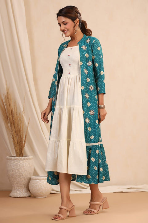 White and Peacock Blue Over Coat A-Line Kurti