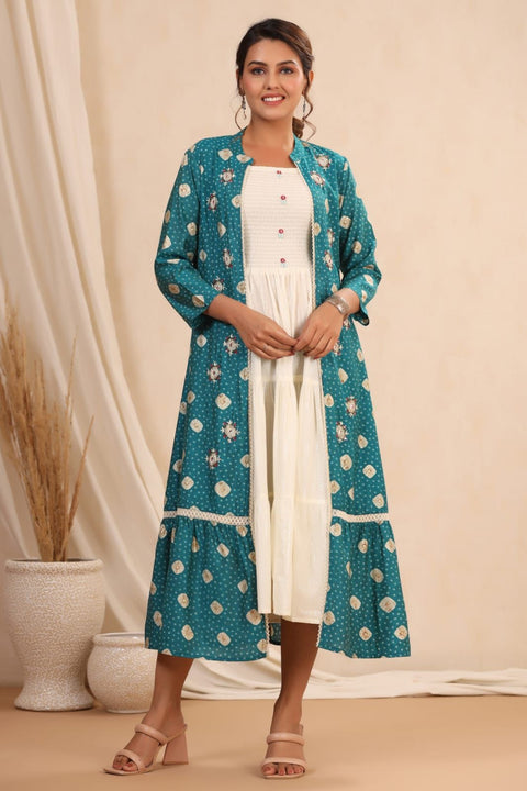 White and Peacock Blue Over Coat A-Line Kurti