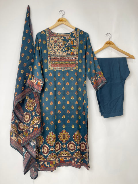 Teal Blue Kurta, Pants and Dupatta set in Gajji Silk