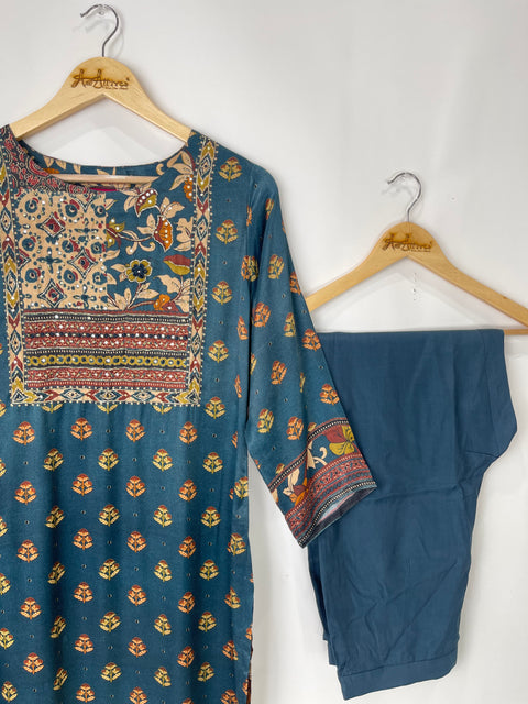 Teal Blue Kurta, Pants and Dupatta set in Gajji Silk