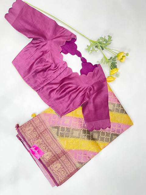 Grey, Violet, Yellow Chanderi Silk Saree