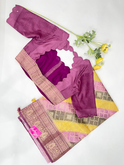 Grey, Violet, Yellow Chanderi Silk Saree