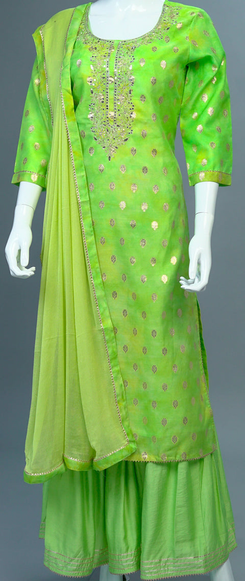 Green Chanderi Crepe Kurta, Pants and Dupatta set