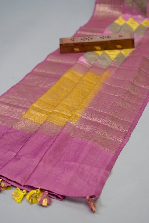 Grey, Violet, Yellow Chanderi Silk Saree