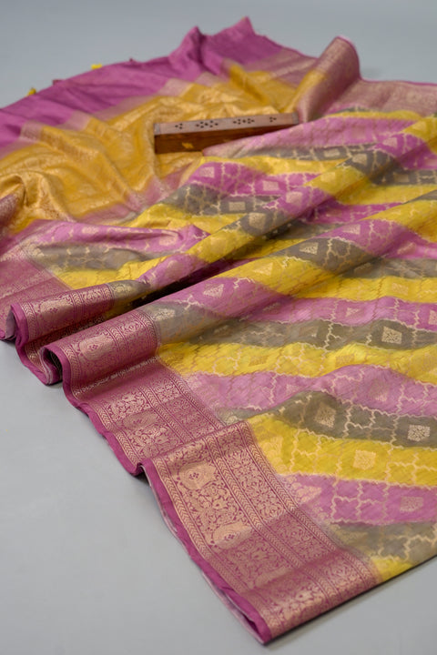 Grey, Violet, Yellow Chanderi Silk Saree