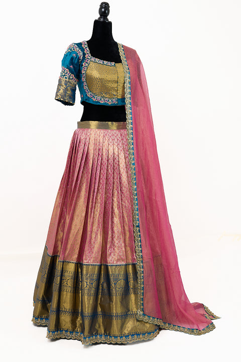 Pink and Blue Kanjivaram Half Saree