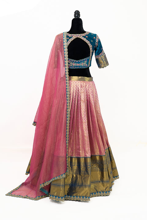 Pink and Blue Kanjivaram Half Saree