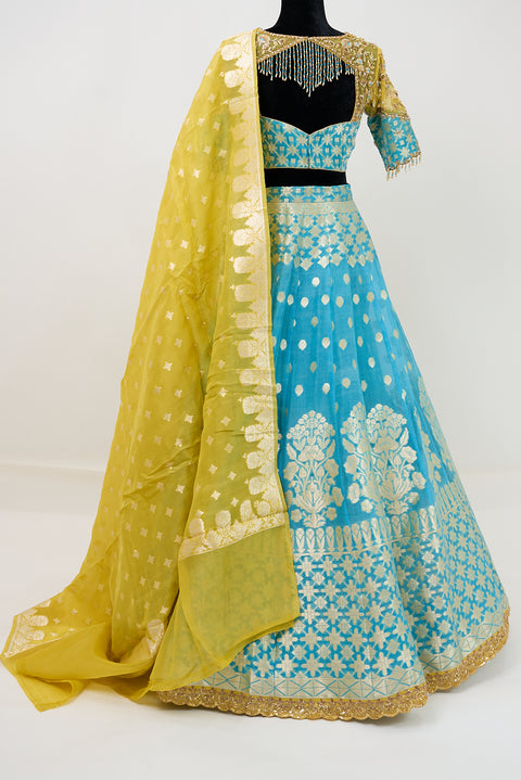 Blue and Yellow Kora Banaras Half Saree