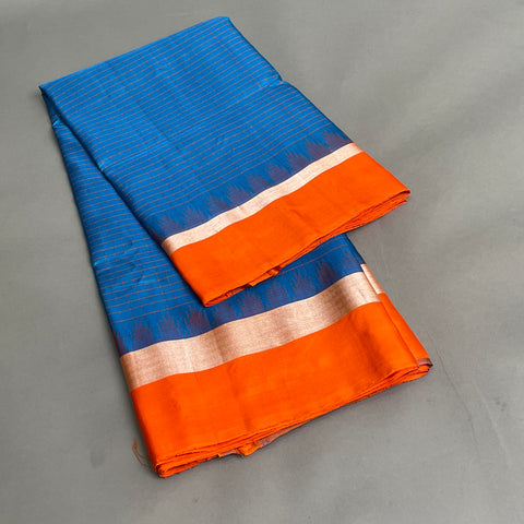 Gadwal Saree- Blue and Orange W/ Gold Zari (Attached Blouse Material)