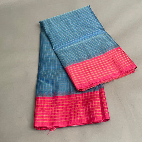 Gadwal Saree- Blue and Pink W/ Gold Zari (Attached Blouse Material)