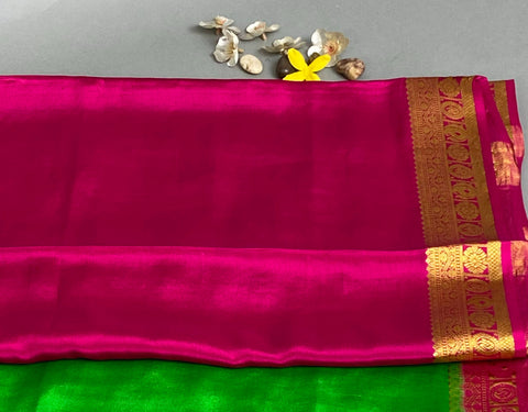 Mysore Silk Saree- Green and Pink with Gold Zari checked pattern (Attached Blouse Material)