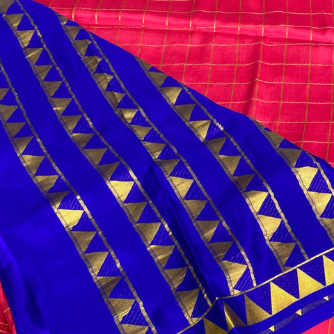 Mysore Silk Saree- Pink and Navy-blue W/ Gold Zari (Attached Blouse Material)