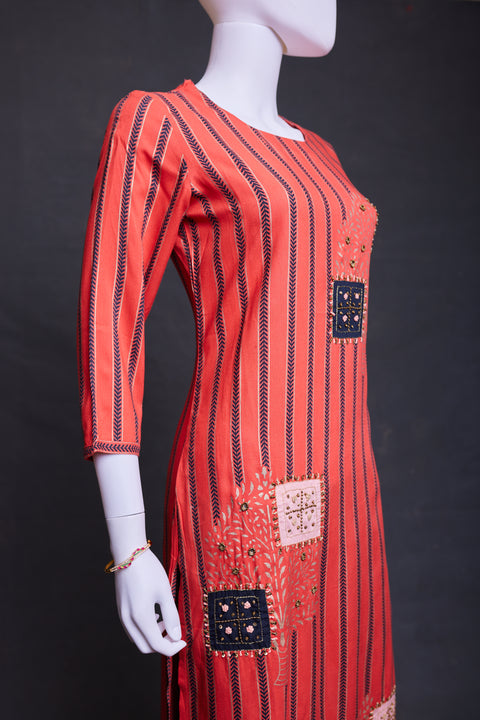 Orange black Straight Kurti