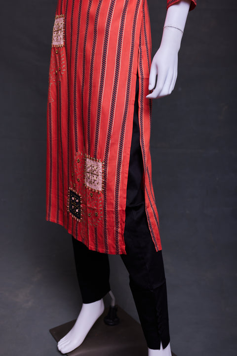 Orange black Straight Kurti