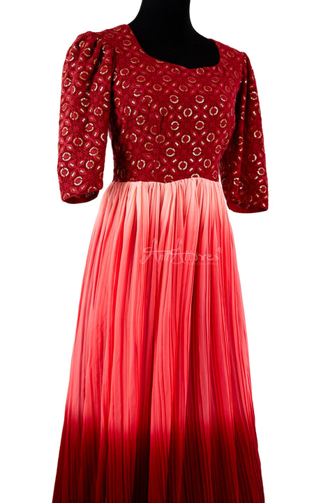 Peach & Maroon Shade Chickankari Gown