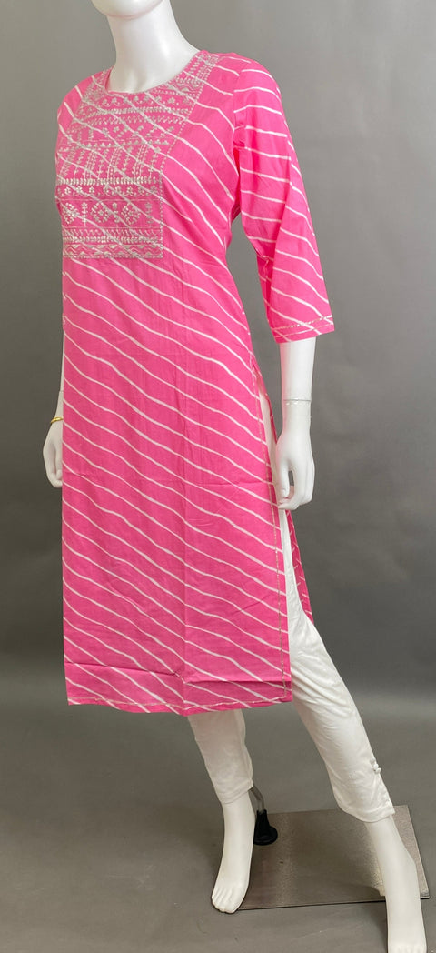 Pink striped kurta with intricate embroidery for women, featuring a comfortable and elegant design.