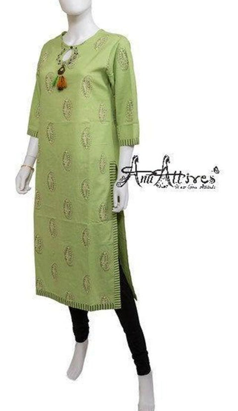 Green Straight Kurti In Cotton